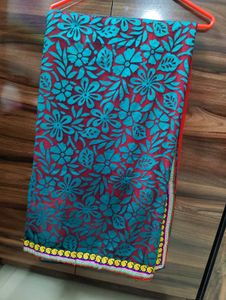Embroidered Red &amp; Teal Saree