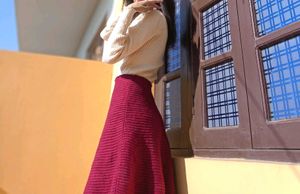Burgundy A-Line Skirt And Cream Top For Winter