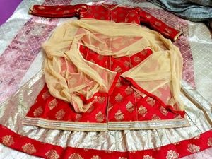 Elegant Red Banarasi Anarkali Set with Golden Moti