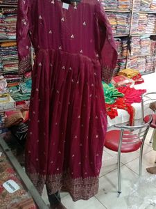 Burgundy Embellished Anarkali Dress