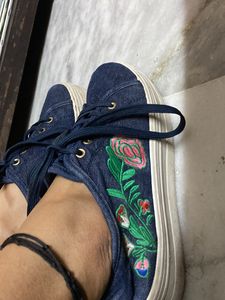 Denim Blue Embroidered Platform Shoes In Size 38