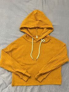 Mustard Ribbed Knit Cropped Hoodie