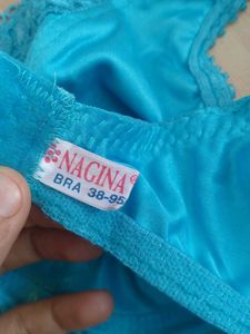 satin Turquoise Bra with Lace Detail