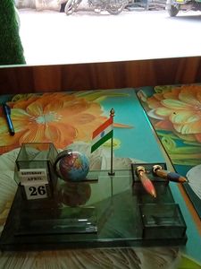 Desk Organizer with Calendar, Globe, & Flag