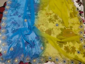 Original Georgette Blue &amp; Yellow Sari