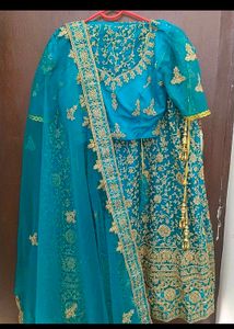 Teal &amp; Gold Embroidered Lehenga