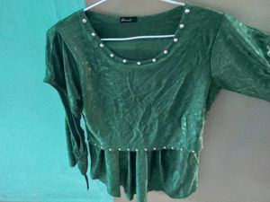 Green Synthetic Flared Top | Pearl Neck Work