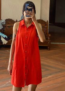 Red Sleeveless Button-Down Dress