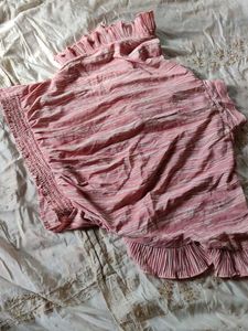 Pink Striped Ruffle Trim Top