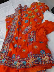 Vibrant Embroidered Orange Sari