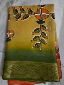 Beautiful Hand Painted Yellow &amp; Olive Green Sari