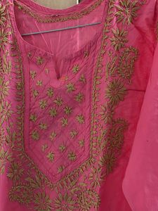 Pink Embroidered Kurta chikankari
