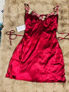 Red Satin Floral Trim Mini Slip Dress