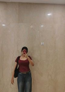 Y2K Burgundy Ribbed Lace Trim Slim Top