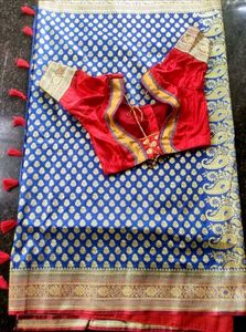 Elegant Blue Banarasi Saree With Blouse