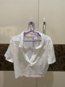 h&amp;m combo cropped collared top white and baby pink