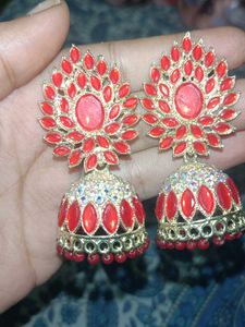 Red &amp; Gold Jhumka Earrings