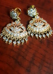 Gold Plated Designer Ethnic Chand Bali Drop Chandelier Earrings With CZ, LCT Crystals,Kundan, Polki &amp; Pearls for Women