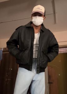 Vintage Black Leather Aviator Bomber Jacket