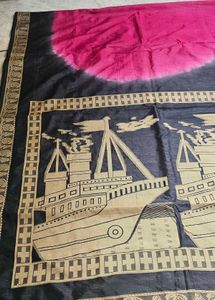 Pink &amp; Black Ship Print Saree