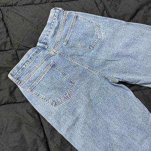 straight-leg, high-waisted jeans