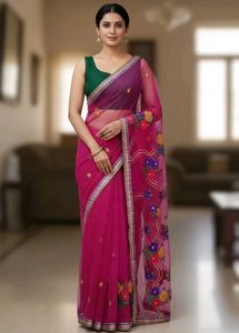 🛍️New Dark Pink Organza Saree With Blouse⭐⭐⭐⭐⭐