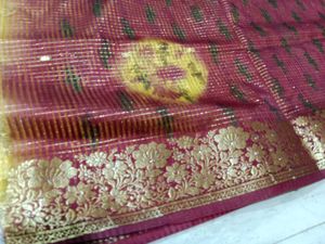 Golden Mustard Silk Saree with Maroon Zari