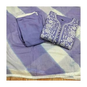 Lilac Chikankari Kurti Set With Pant And Dupatta