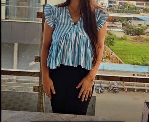 Blue Striped Flutter Sleeve Top