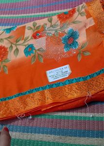 Orange Floral Sari with Embellishments