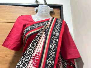 Elegant Red And Black Printed Saree With Blouse