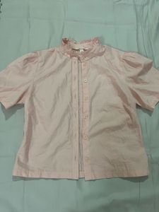 Pink Ruffle Collar Button-Up Top