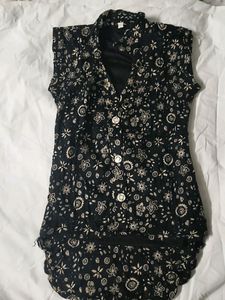Black Colour Top With Golden Flower Print