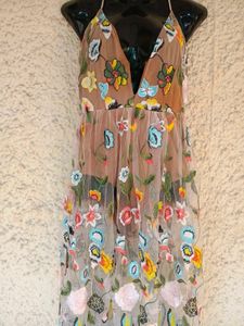 Floral Embroidered Net Maxi Dress with bodysuit