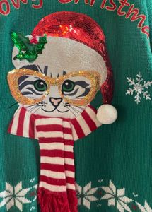 cat and sequins with scarf Christmas Sweater
