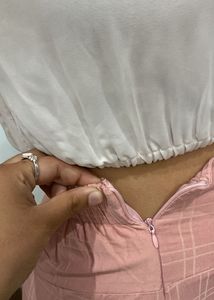 Pink  Skirt and  white frill top