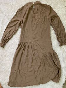 Brown Tiered Dress with Tie Neck