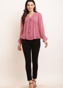 Mauve Tie-Neck Ruffle Sleeve Top