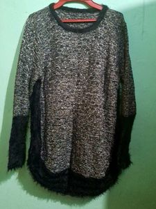 Textured Sweater with Faux Fur Trim