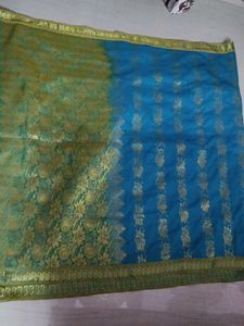 Blue &amp; Gold Floral Saree