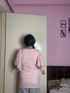 Pink Ribbed Top with Chiffon Sleeves