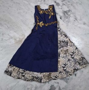 Girls Navy Blue Dress with Gold Embroidery