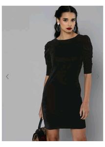Black Velvet Finish Puff Sleeves Bodycon Dress