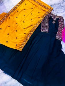 Dark Green With Yellow Hand Embroidery Gowns