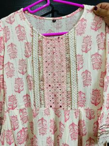 Floral White and pink A line kurta set