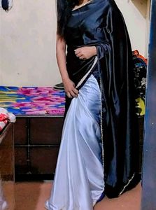 satin saree Black & Silver Sare