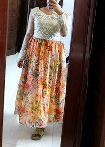 Women Embroidered Chiffon Net Printed Gown Dress