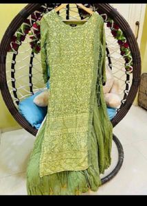 Green Anarkali Chikankari Work