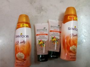 2 Pices Santoor Talc 100g, 2 Pices Biotique Fruity Face Wash 50ml.All 4 in this Price.