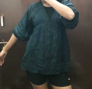 Dark Blue Embroidered V-Neck Blouse
